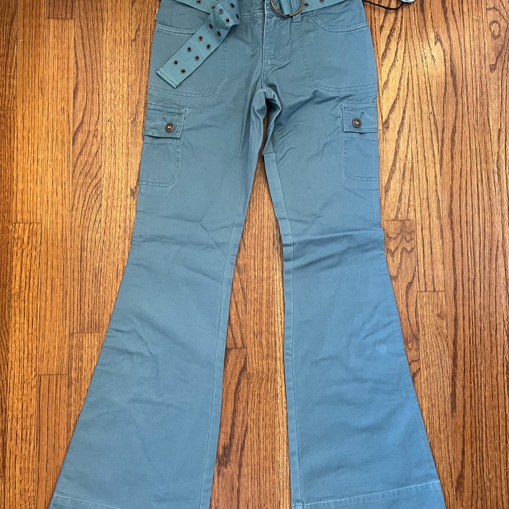 Max Studio Low Rise Blue Flared Cargo Pants with Belt
